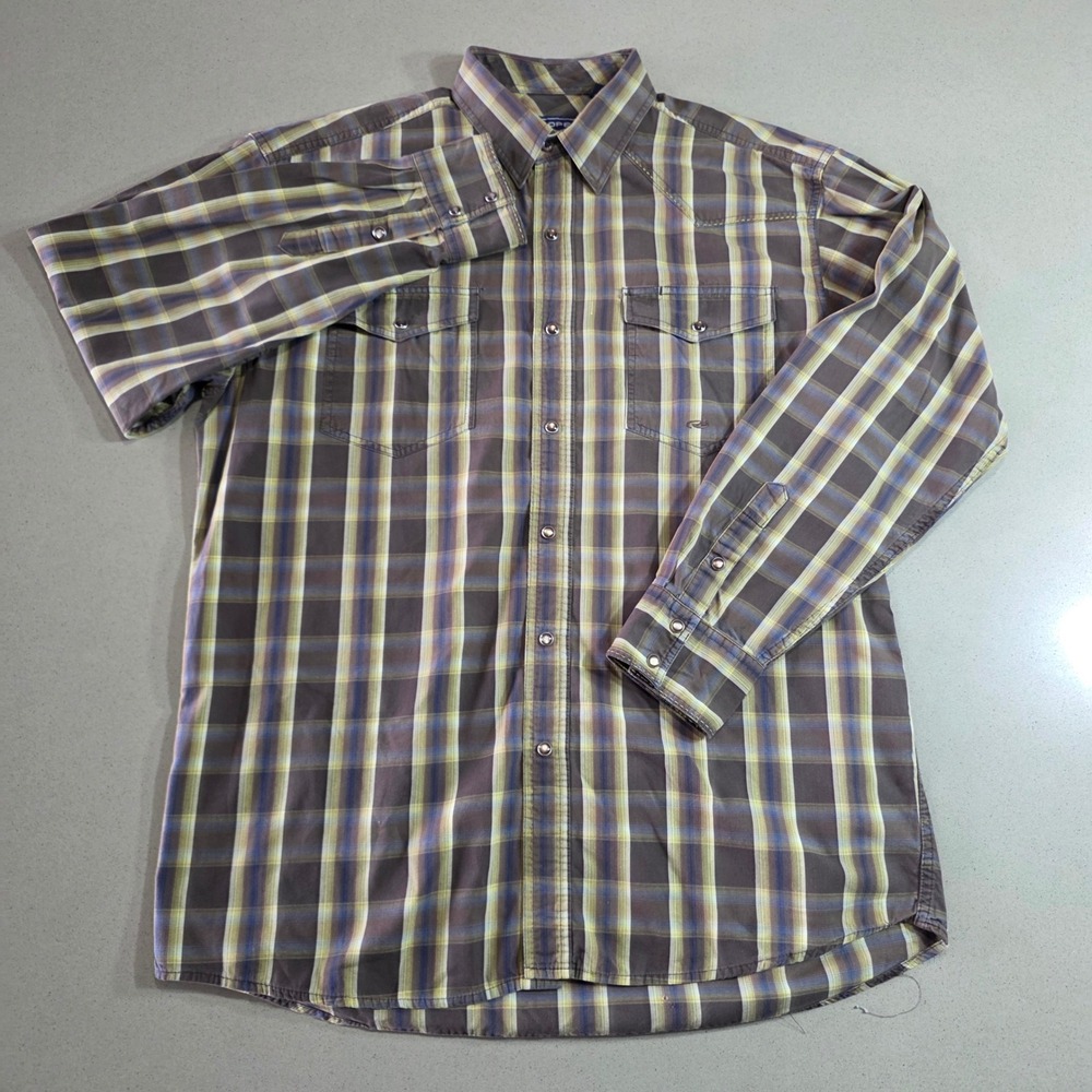 Roper Mens Brown Yellow Plaid Pearl Snap Western Long Sleeve Shirt Large